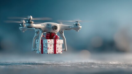 christmas A drone delivering a gift box in a blurred background.