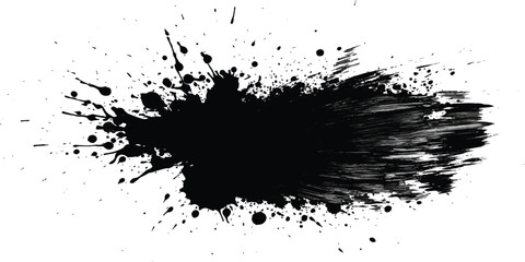 Black ink splatter with drips and splashes abstract vector element isolated on white background