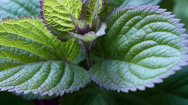 青じその葉が重なるハーブの接写