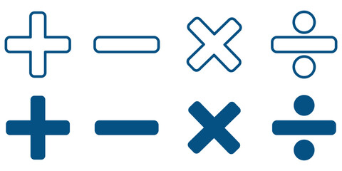 Obraz premium Basic mathematical symbol. Plus minus, Multiply icon, division symbol, Calculator, math icon set arithmetic plus, minus, multiplication and divide sign symbol set for application and website.