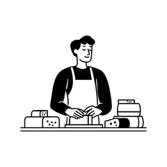 Cheerful deli worker preparing and slicing cheese behind the counter, representing craftsmanship, service, and local food tradition.
