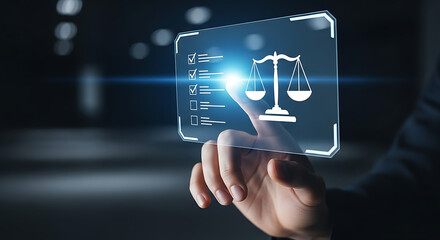 Naklejka na ściany i meble Man presses a digital button showing scales of justice and checklist, representing legal compliance, regulation and justice concept.