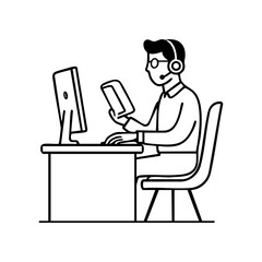 Man with headset multitasking at desk with computer and tablet, representing remote work, online communication, and digital support.