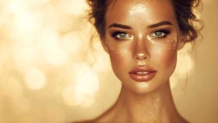 Close-up portrait of a woman with shimmering gold makeup, dewy skin, freckles, and blue-green eyes against a warm golden bokeh. Concept Golden makeup, Dewy skin, Freckles, Blue-green eyes