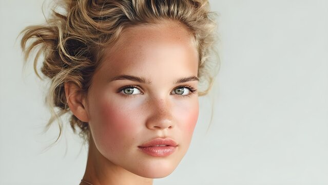 Close-up portrait of a blonde woman with blue-green eyes, freckles, rosy cheeks and pink lips, looking at the camera. Concept Close-up portrait, Freckled blonde, Blue-green eyes, Rosy cheeks