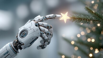 christmas Robotic hand reaching for a star on a festive tree.