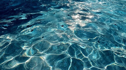 Captivating close-up of shimmering blue water surface with sunlit ripples and dynamic light patterns
