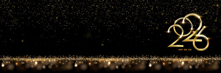 2026 Happy New Year greeting card vector background. 2026 golden numbers with falling confetti and glow light effects on black. Luxury festive sparkle holiday postcard, invitation, banner.