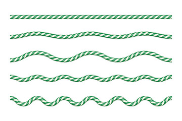 Green and white candy cane ropes in various wave patterns. Festive twisted lines with increasing curvature for Christmas borders, dividers, decorative holiday designs. Realistic vector illustrations. © backup16