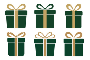 Set of six green gift boxes with ribbon