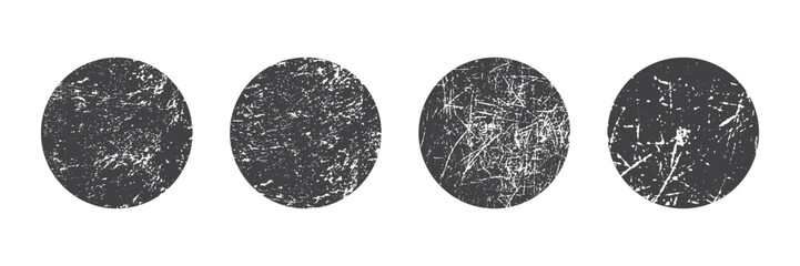 Grunge texture circles set. Collection of distressed round overlays with scratched, dirty, and splattered effects for retro photo or background use. Vector illustration.