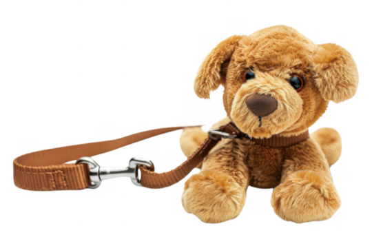 A stuffed dog with a leash on transparent background