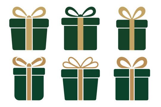 Set of six green gift boxes with ribbon