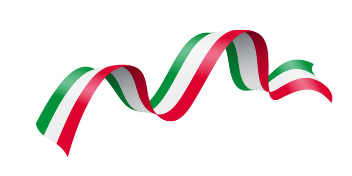 Italy ribbon wave in green, white, and red colors. Wavy tricolor banner symbolizing national flag with smooth curves and folds. Elegant patriotic decoration for events. Realistic vector illustration.