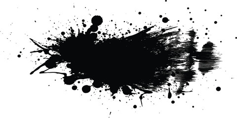 Abstract black ink splatter grunge vector illustration with splatters and drips isolated on white background for design elements