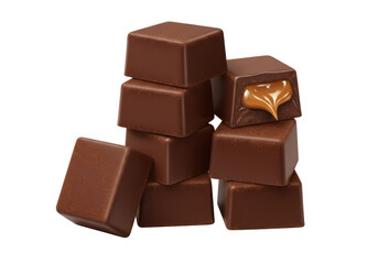 Isolated chocolate caramels stacked in pile, square candies with soft caramel filling center