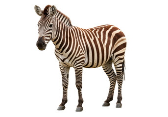 Isolated zebra standing in a relaxed posture, natural coloration and details, full body view