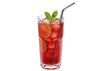 Isolated red cocktail with lime and mint garnish, metal straw adds a sustainable touch