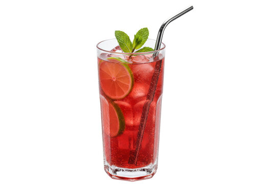 Isolated red cocktail with lime and mint garnish, metal straw adds a sustainable touch
