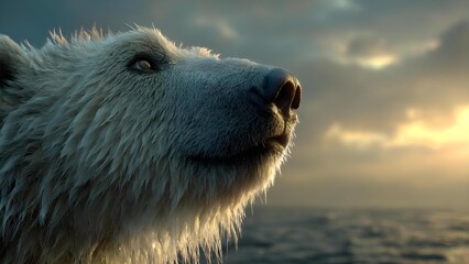 Close-up of a polar bear's face, fur illuminated by sunset as it gazes over the calm sea. Concept Polar bear close-up, Sunset-lit fur, Arctic wildlife, Calm sea backdrop, Dramatic lighting