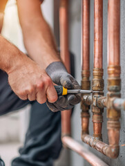 Close-up of a worker in protective gloves using a screwdriver to tighten a brass fitting on a system of copper pipes, highlighting maintenance, installation, and construction work