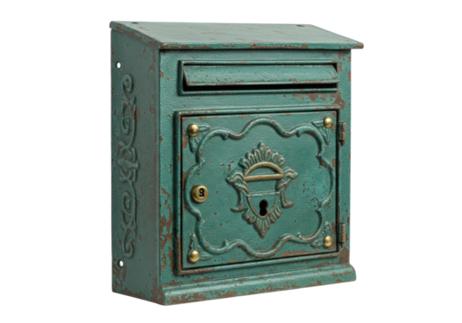 Isolated mailbox in green aged bronze for home or business postal delivery and safety