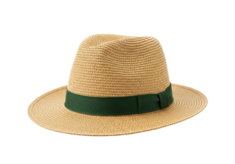Isolated Panama style straw hat with a dark green ribbon, sun protection for outdoor wear