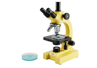 Isolated yellow microscope and petri dish standing on a surface for medical lab research