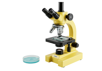Isolated yellow microscope and petri dish standing on a surface for medical lab research