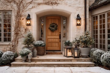 brown front door with winter decorations
