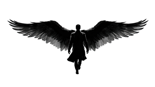 Black vector silhouette of an angel with wings flying, isolated on white with eagle and bird feathers for a tattoo design