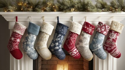 a set of christmas stockings hung on the fireplace, with white wallpaper in front and a beige background