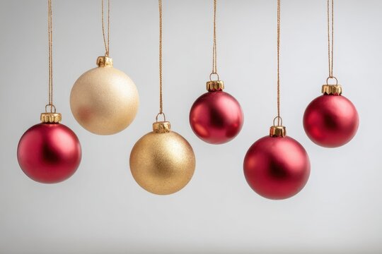 a set of red and gold christmas ornaments hanging on strings, isolated against a white background