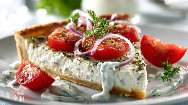 Greek slice with tzatziki drizzle, bright daylight