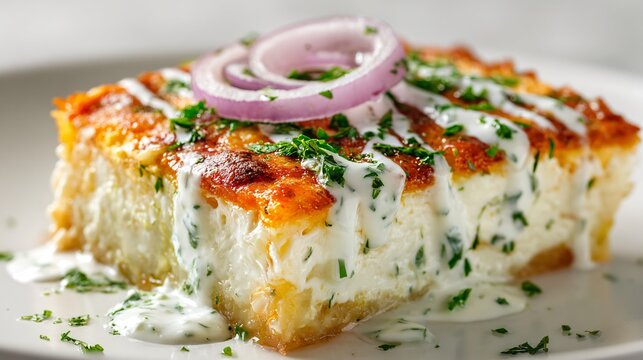 Greek slice with tzatziki drizzle, bright daylight - Powered by Adobe