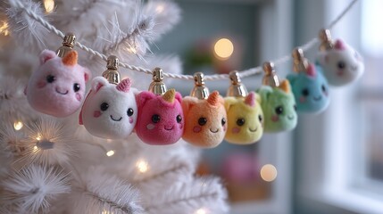 christmas Colorful plush ornaments hanging on a festive tree.