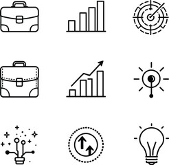 Business and finance icons showcasing growth strategy and technology in a clean line art style