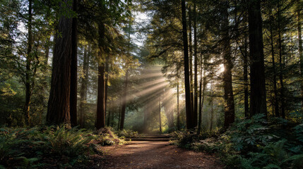 Naklejka premium Beautiful forest background for screensaver. with sunbeams. Calm close-up of fairytale forest and nature landscape, panorama. Summer vacation, holiday, amazing nature.
