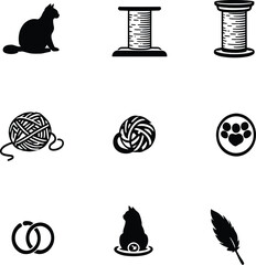 A collection of cat related icons including a cat, toys, and other objects in black and white style