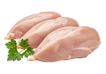 Three raw chicken breasts with parsley isolated on transparent background