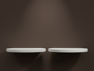 Two white podiums under spotlight, dark brown wall background, modern presentation.