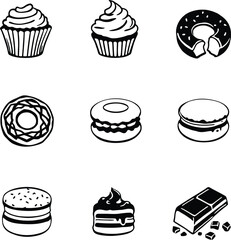 A collection of nine black and white dessert illustrations including cupcakes donuts and chocolate bars