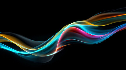 黒い背景を滑らかに流れる、鮮やかな色彩の光の帯と抽象的なウェーブ