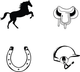 A collection of equestrian themed illustrations including a horse saddle helmet and horseshoe design set
