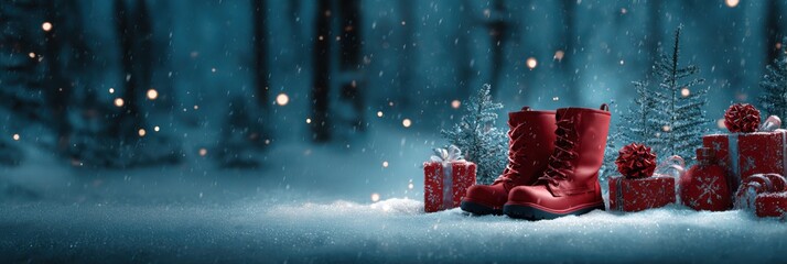 christmas background with red boots, gift boxes, and christmas decorations on snow against a night forest landscape