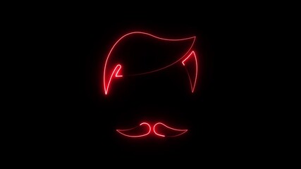Red neon outline of a man's hairstyle and mustache on black background abstract minimalist graphic design element for
