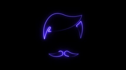 Neon blue outline of a stylized man's hairstyle and mustache glowing on a black background abstract minimalist