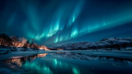 Naklejka premium Aurora borealis lights the night sky above a snow-covered landscape, reflected in a calm lake with bare trees along the shore. Concept Aurora Borealis, Snowy landscape, Reflections in a calm lake