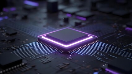 A microprocessor on a motherboard with purple glowing edge lights and blue circuit traces. Concept Microprocessor on a motherboard with purple glow, Blue circuit traces under neon lighting
