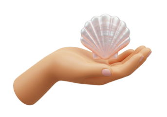 Isolated presentation of a pearlescent shell placed in the palm of a hand, fantasy artwork